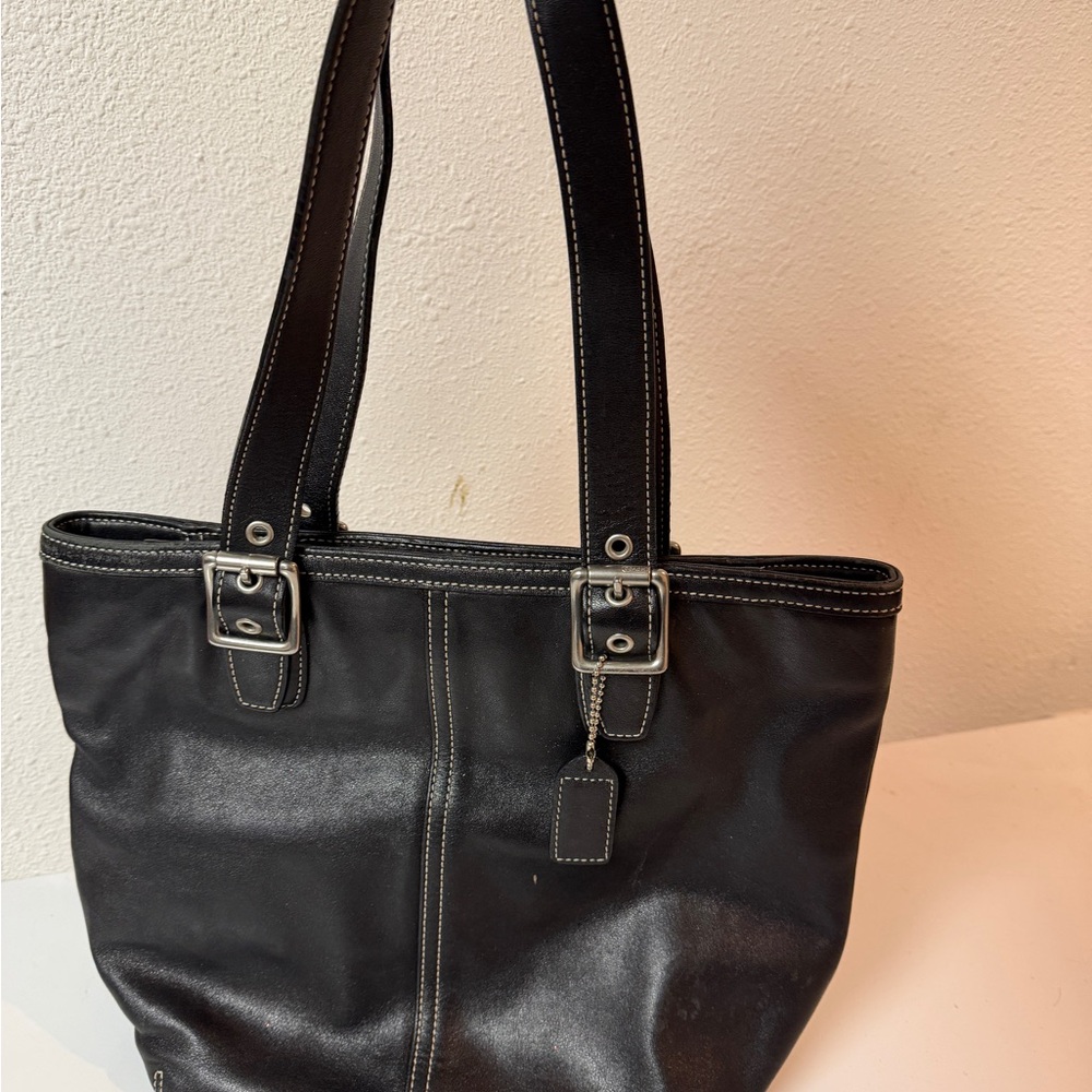 Coach Black Leather Tote with Silver Accents